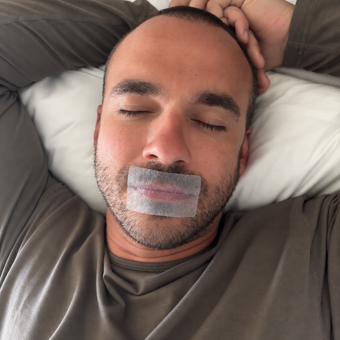 Man with a beard sleeping with silicone mouth tape on